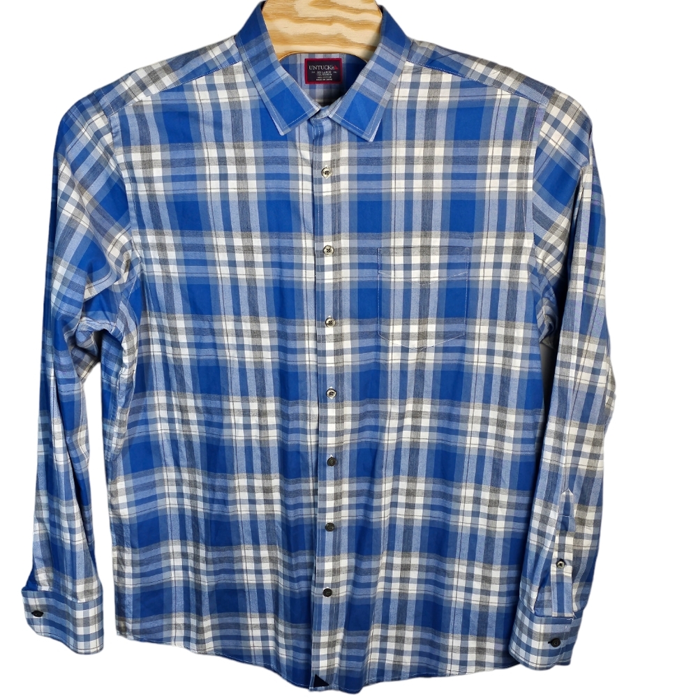 UNTUCKit Blue and White Plaid Casual Button-Down Shirt - Picture 2 of 14